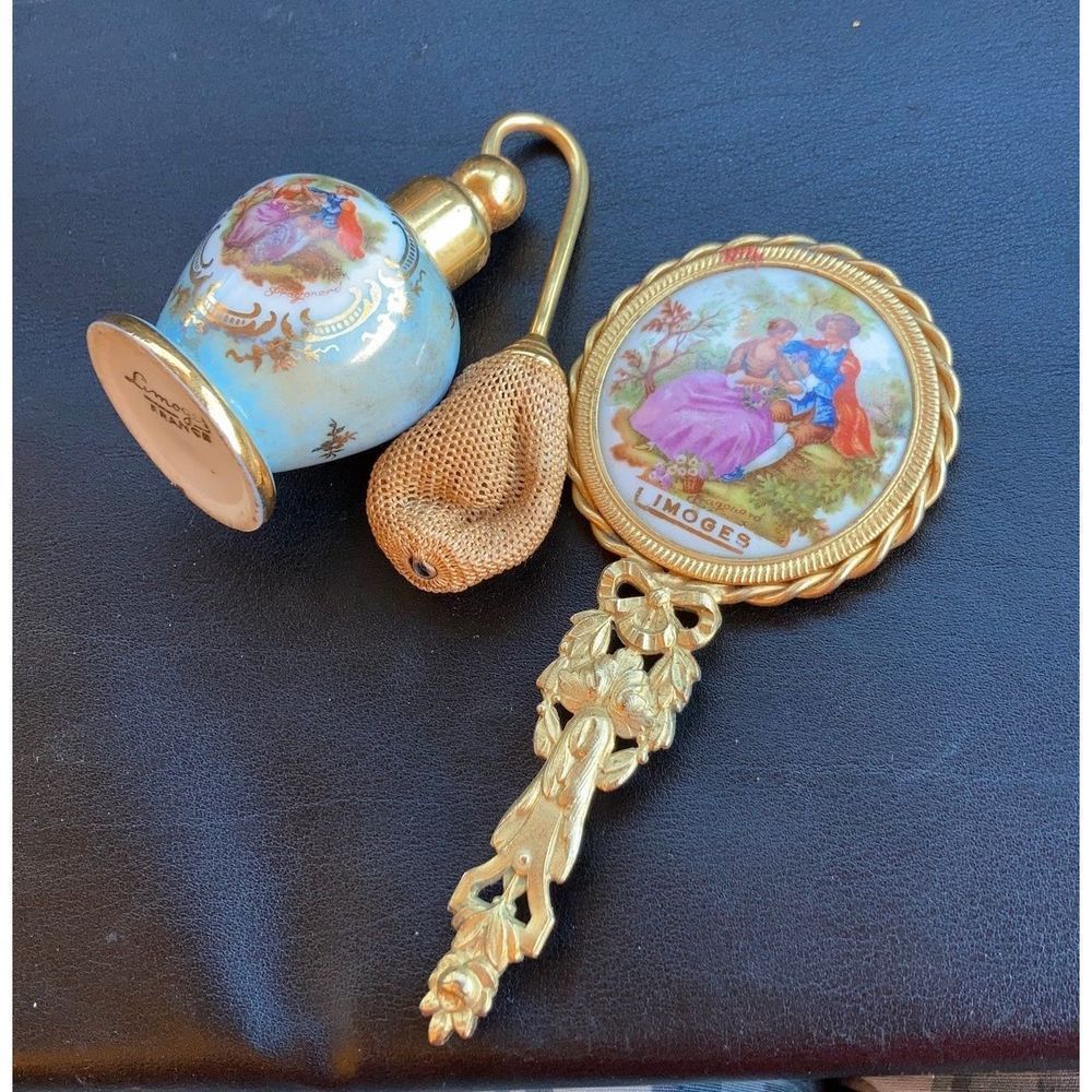 Limoges France Porcelain Mirror/Perfume Atomizer Vintage Handpainted French